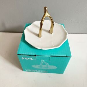 IMM Lucky Break Wishbone Ring Holder White Porcelain Gold Jewelry Holder NIB NEW